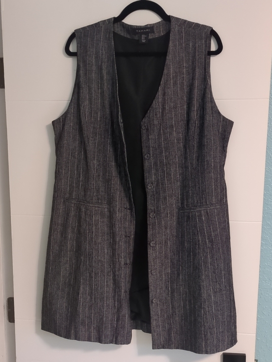Tahari Jackets & Blazers - Tahari Gray Pinstripe Long Linen Blend Vest Sleeveless Blazer Coat Sz XL